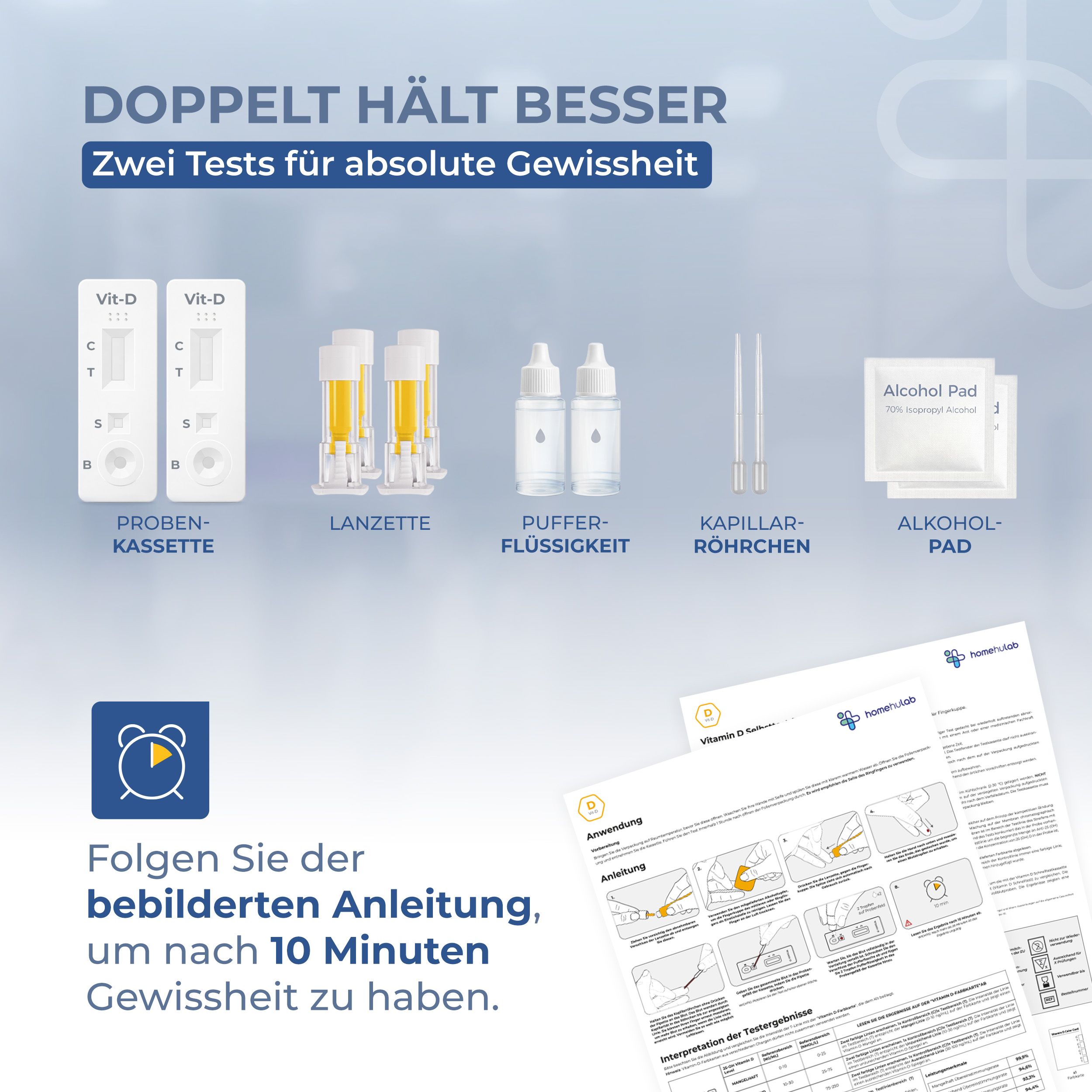 Vitamin D Test-Kit mit Probenkassette, Lanzette, Pufferflüssigkeit, Kapillar-Röhrchen, Alkohol-Pad, Anleitung.