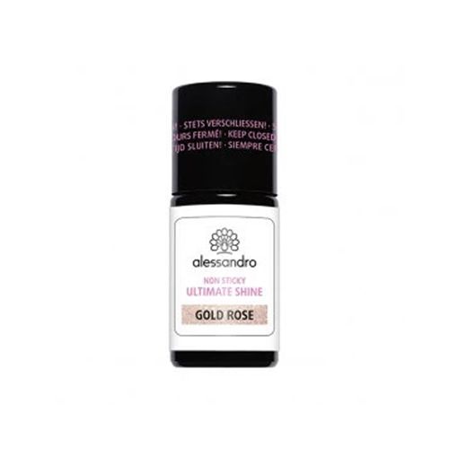 Kleine Flasche mit schwarzem Deckel. Auf dem Etikett steht "alessandro NON STICKY ULTIMATE SHINE GOLD ROSE".