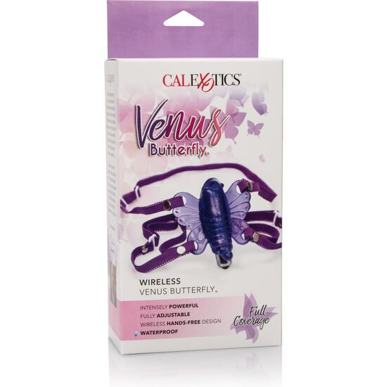 Verpackung mit Wellness-Produkt in Schmetterlingsform. Marke CalExotics, Produktname Venus Butterfly. Text: Wireless, Waterproof.