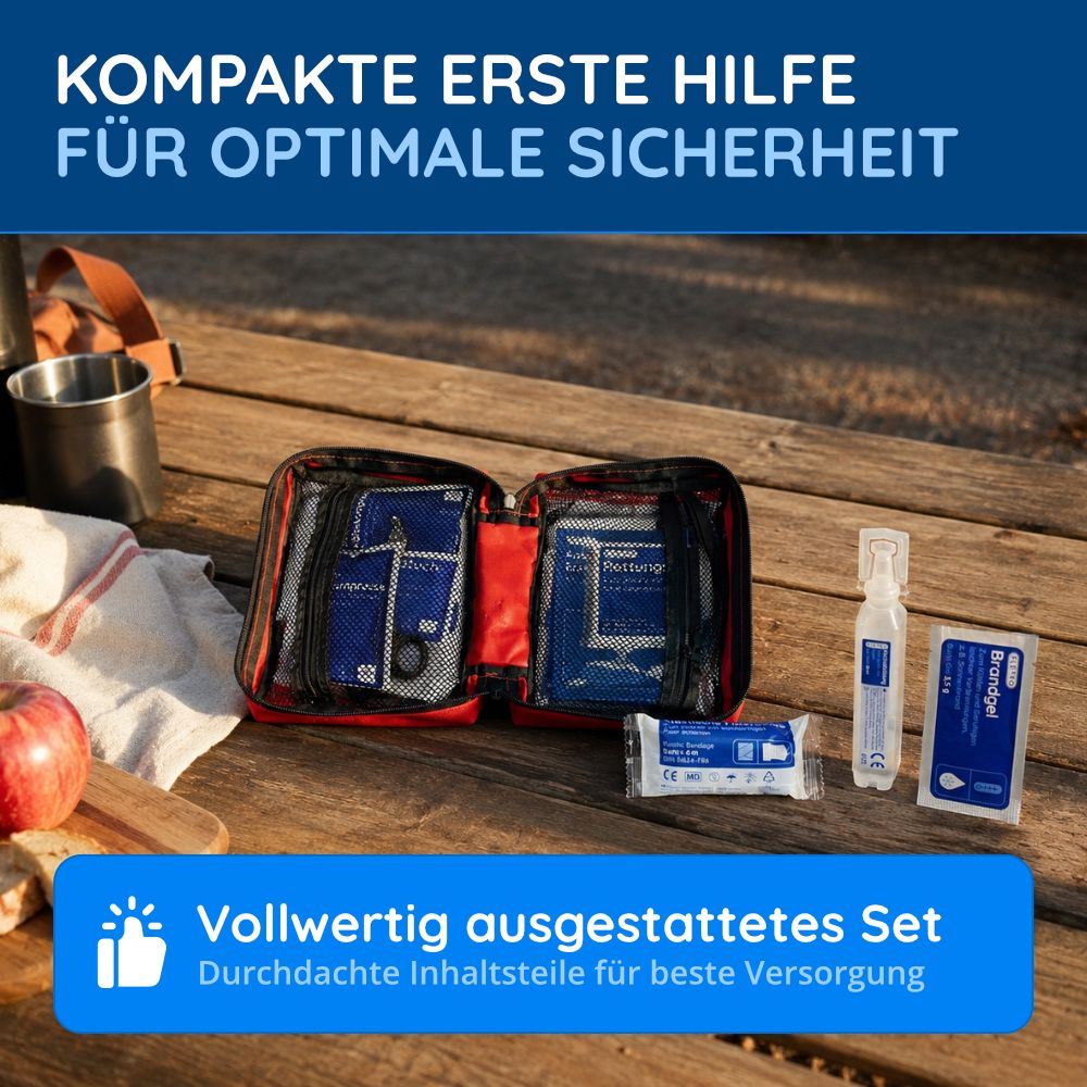 Geöffnete Erste-Hilfe-Tasche mit Verbandsmaterial, Schere und Augenspülung auf Holztisch.