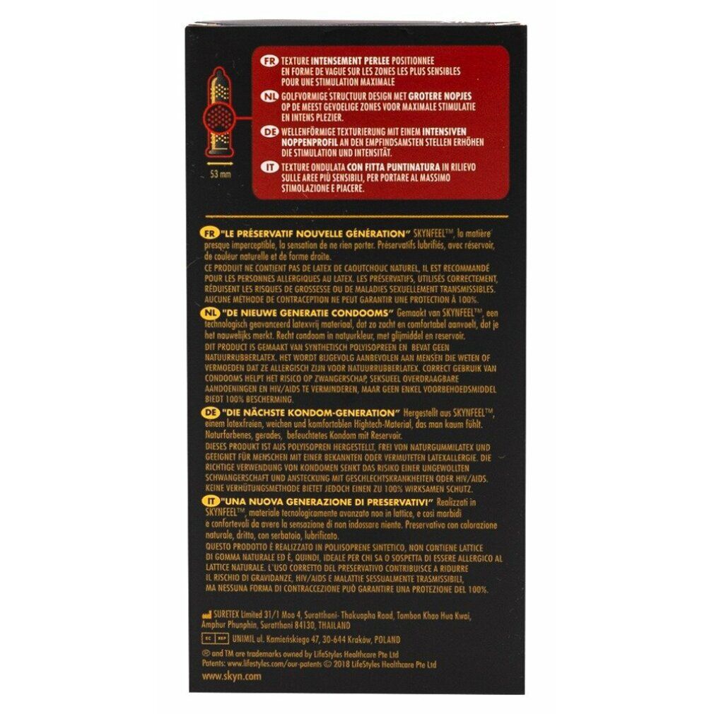 Rückseite der schwarzen Schachtel. Text in mehreren Sprachen. SKYN-Logo. Abbildung eines Kondoms mit Noppen.