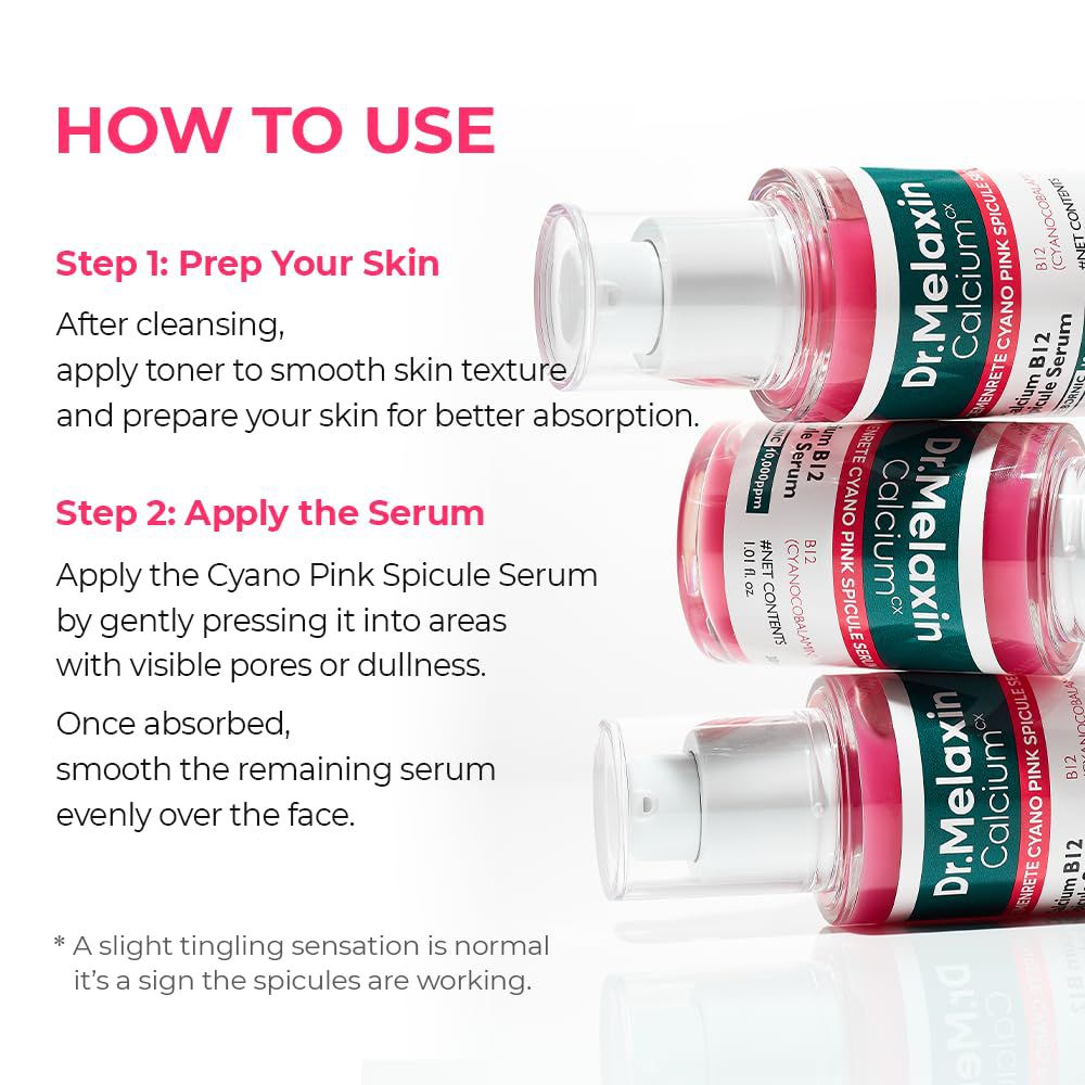 Drei Serumflaschen. Text: Anwendungsschritte. Vorbereitung, Serum auftragen, glätten.