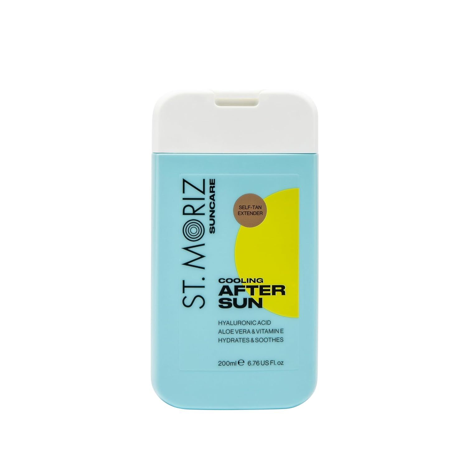 Blau-weißes ST. MORIZ After Sun Gel. Text: Cooling After Sun, Hyaluronsäure, Aloe Vera & Vitamine. 200ml. Mit Self Tan Extender.