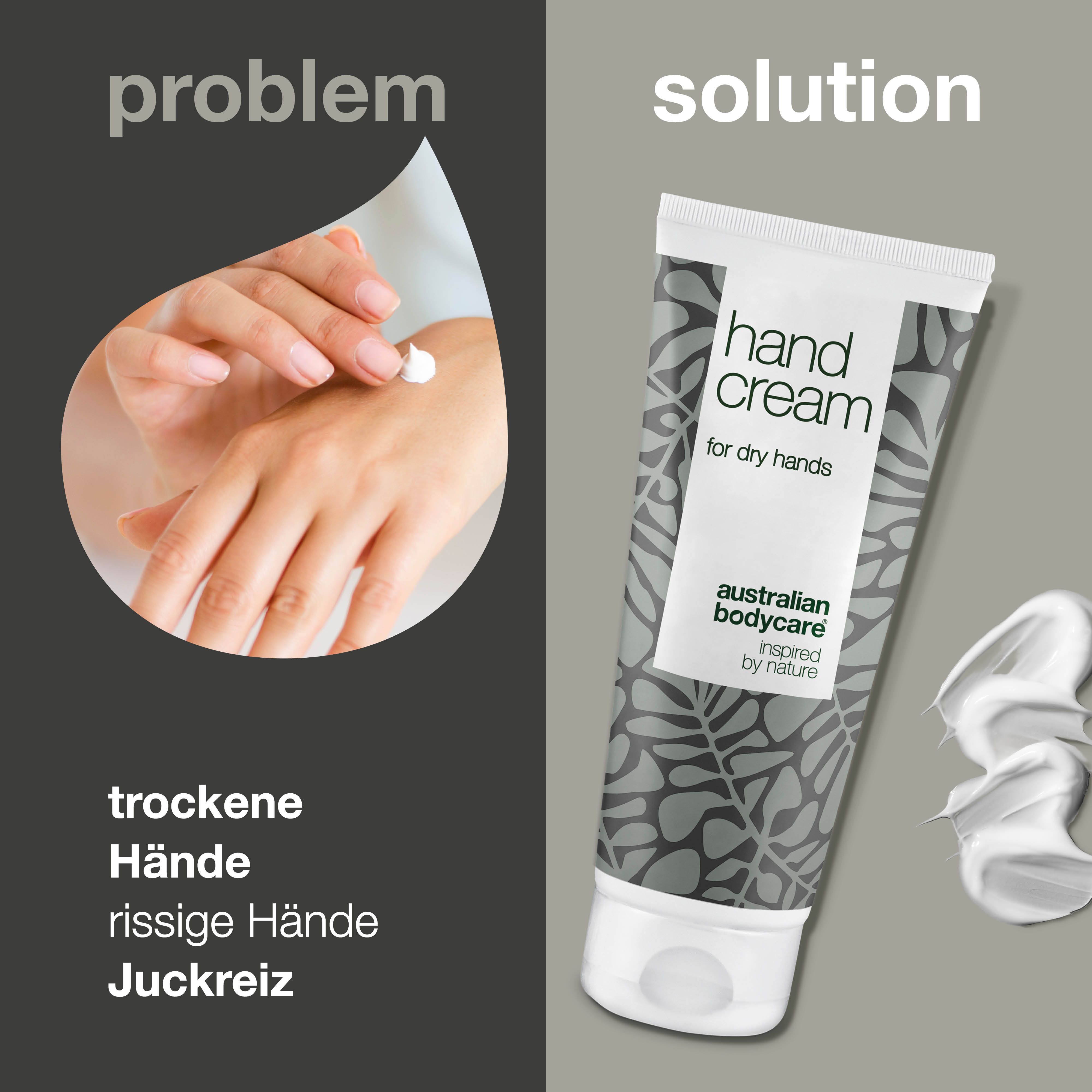 Handcreme-Tube und Creme. Aufschrift: Hand Cream, Australian Bodycare.