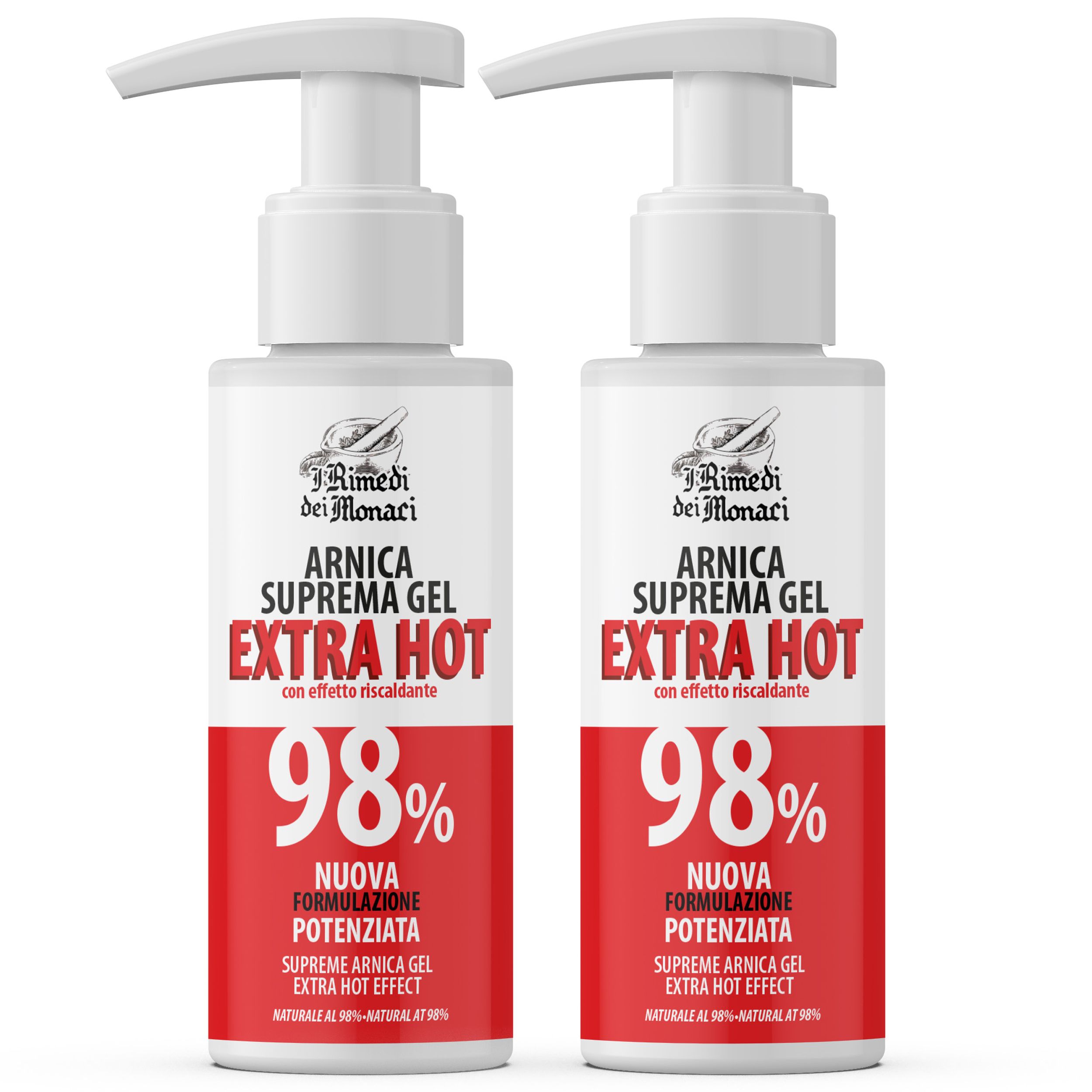 Zwei Flaschen Gel mit Pumpverschluss. Aufschrift: Arnica Suprema Gel Extra Hot, 98%. Marke: I Rimedi dei Monaci.