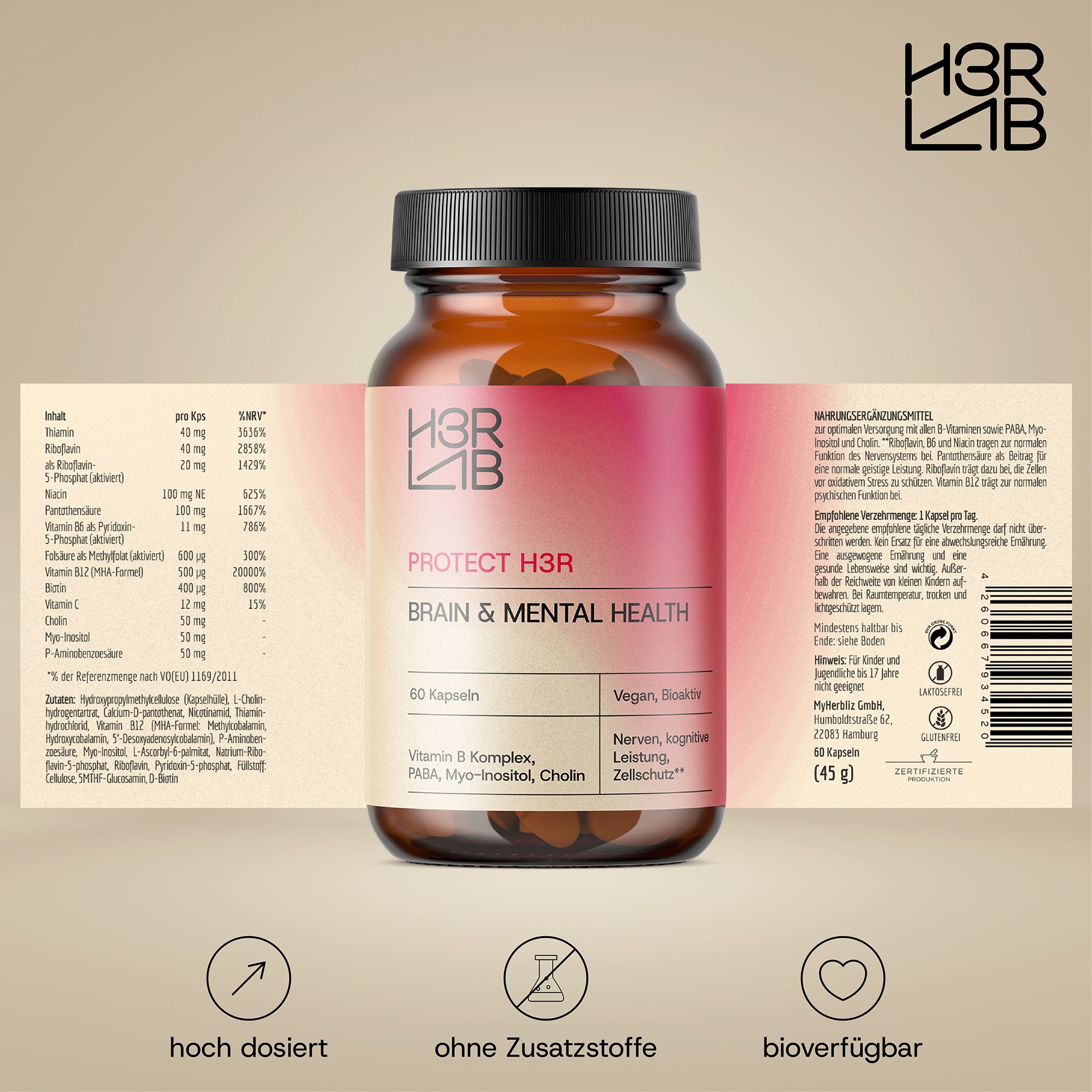 H3R LAB Brain & Mental Health – 8 B-Vitamine, Myo-Inositol & PABA für Fokus & Nervenbalance
