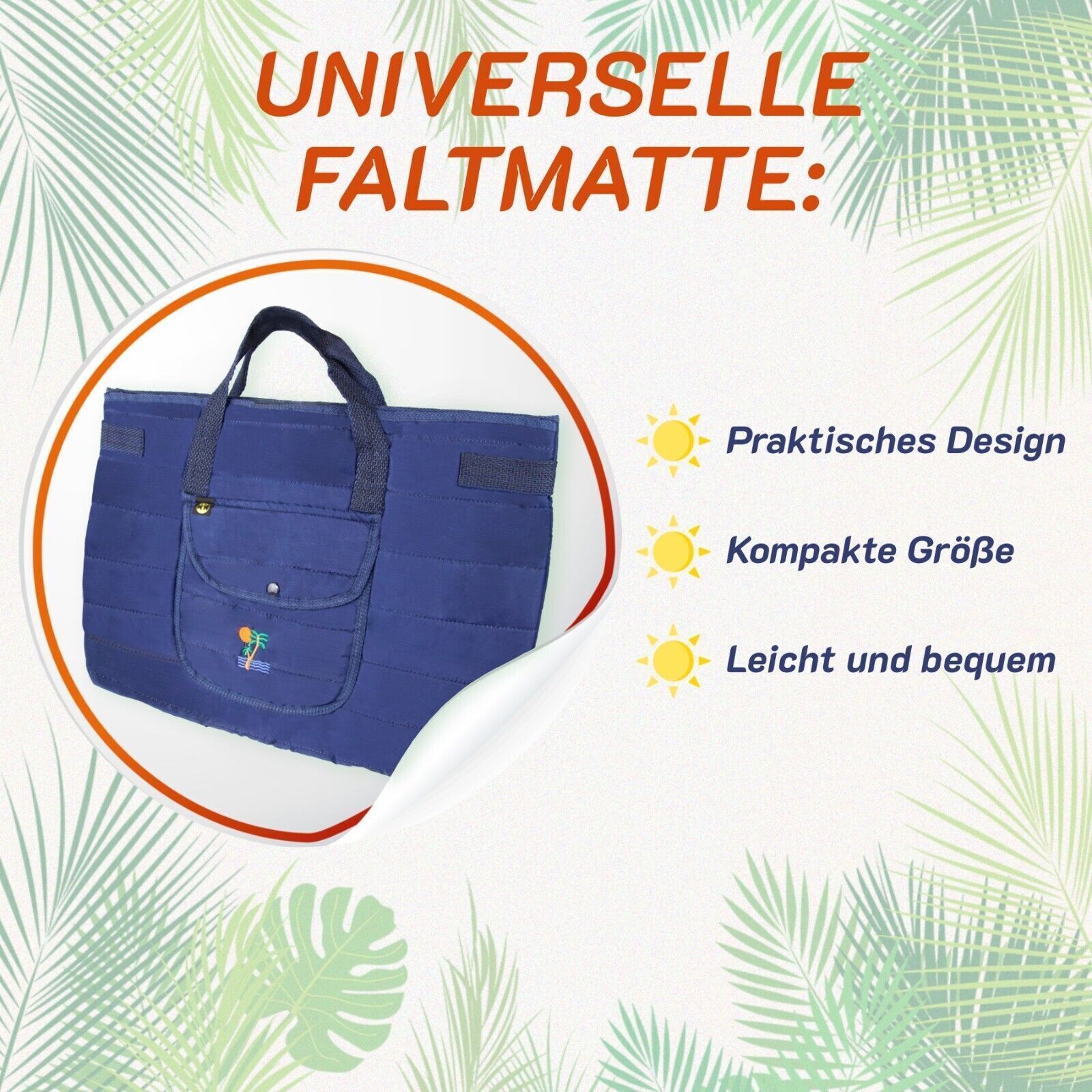 Universelle Faltmatte. Praktisches Design, kompakte Größe, leicht und bequem. Abbildung einer blauen Tasche.