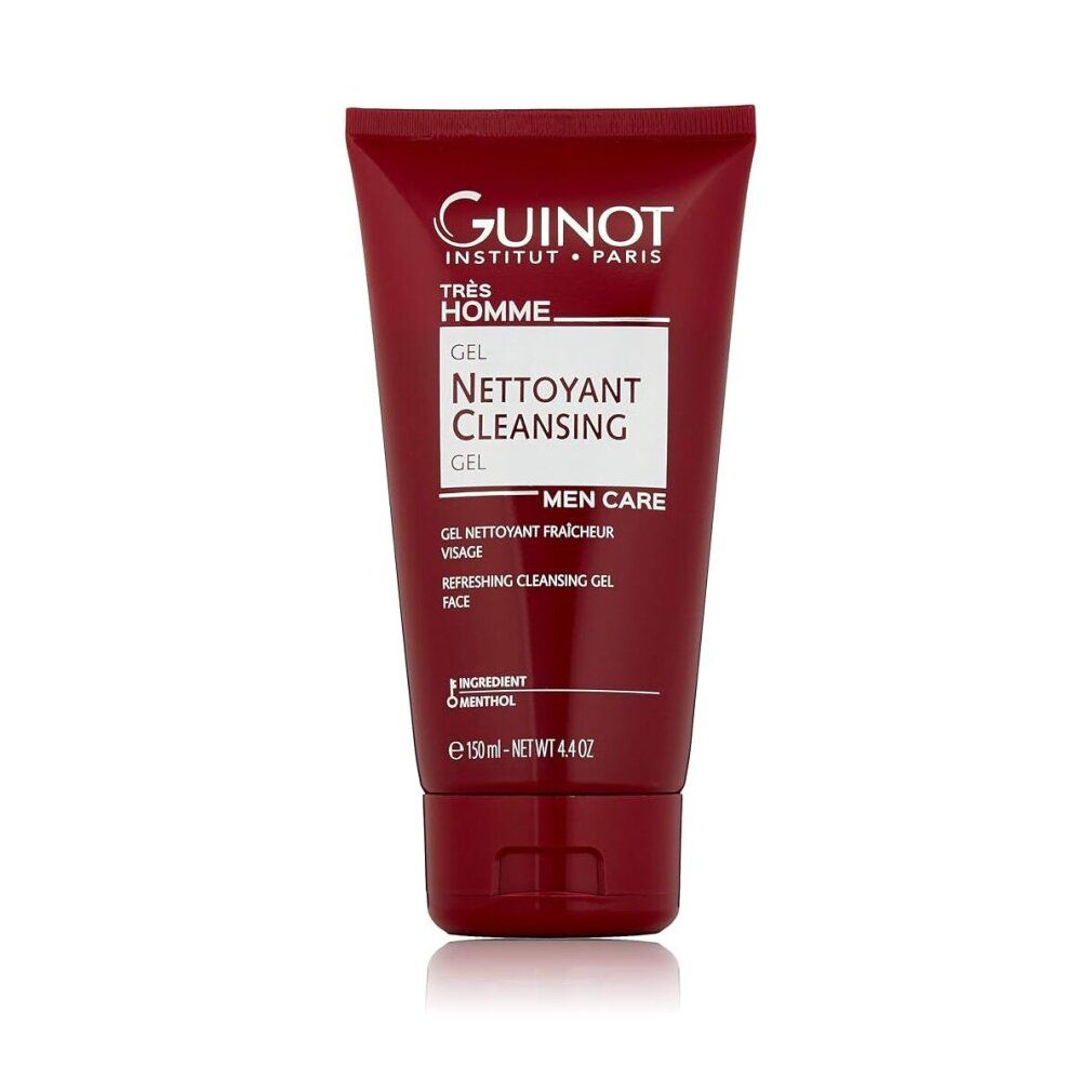 Dunkelrote Tube mit weißem Etikett. Aufschrift: Guinot, Très Homme, Gel Nettoyant, Men Care. Produkt auf weißem Hintergrund.