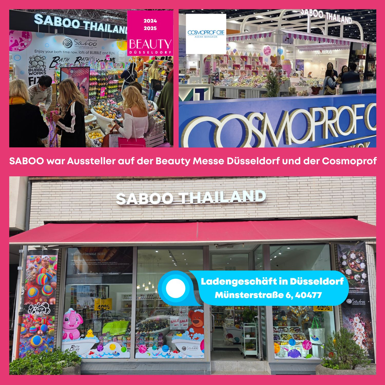Fotos von Messen. Logo: Saboo Thailand. Laden in Düsseldorf. Text: Beauty Messe Düsseldorf und Cosmoprof.