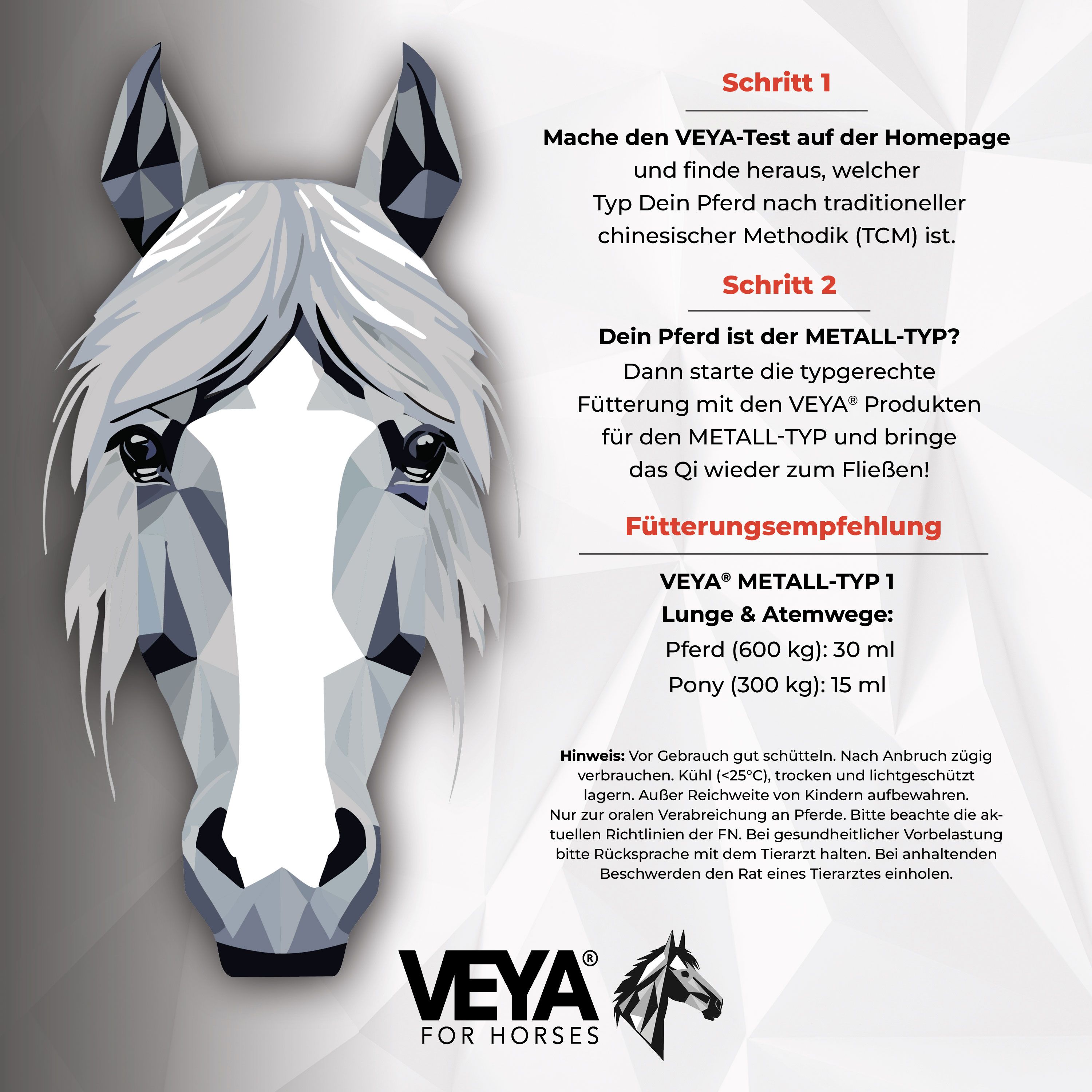 Pferdekopf mit Text. Logo: VEYA FOR HORSES. Text: VEYA METALL-TYP 1 Lunge & Atemwege. Fütterungsempfehlung.