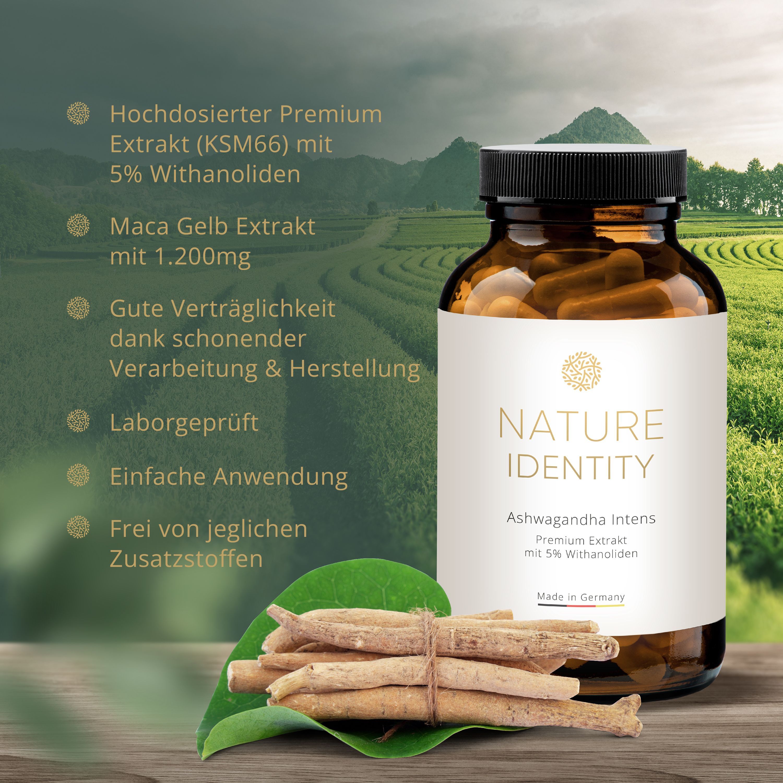 Glasflasche mit Kapseln, daneben Ashwagandha-Wurzeln. Etikett: "NATURE IDENTITY Ashwagandha Intens".