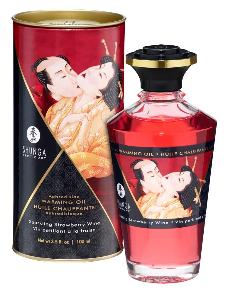 Rote Glasflasche und Dose mit Etiketten. Aufdruck: Shunga, Warming Oil, Erdbeer-Aroma. Abbildung: küssendes Paar.