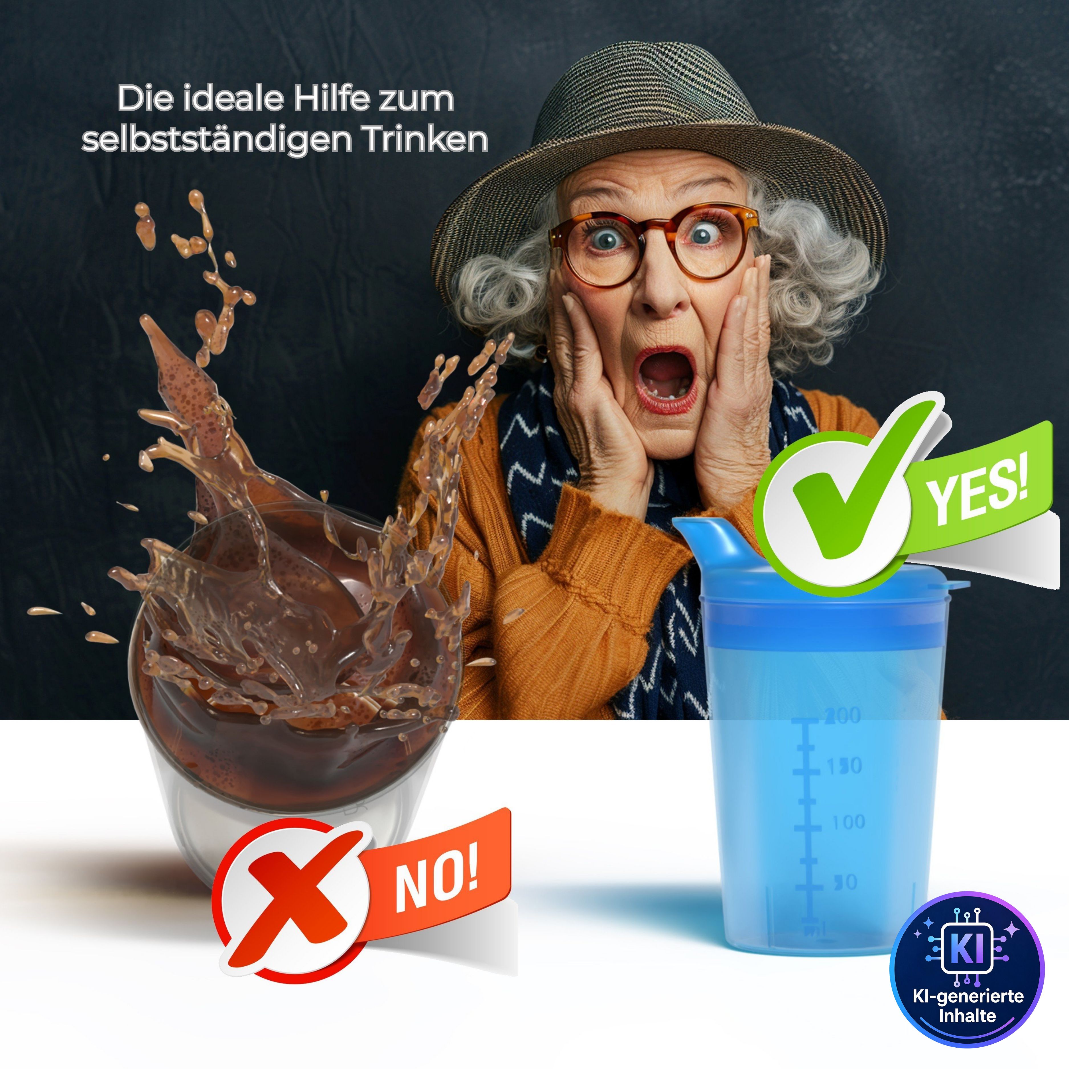 Frau mit Schockausdruck neben Schnabelbecher. Zeigt Hilfe beim selbstständigen Trinken.