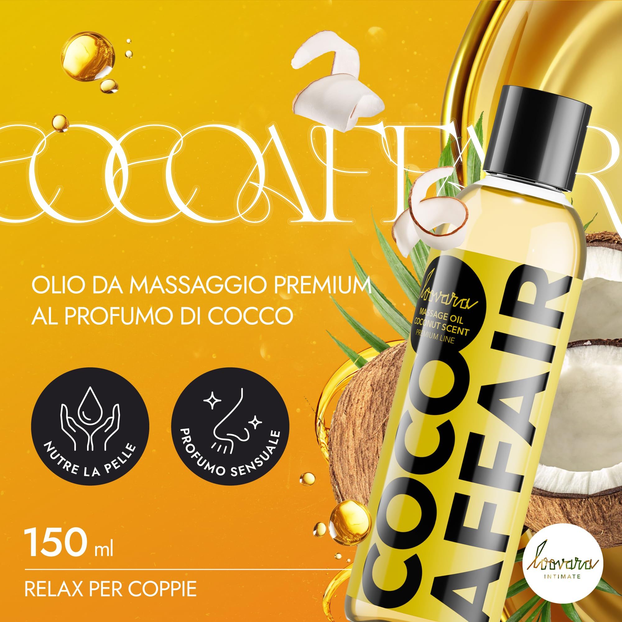 Flasche Loovara Coco Affair Massageöl, Kokosduft, 150 ml, mit Kokosnuss-Symbolen.