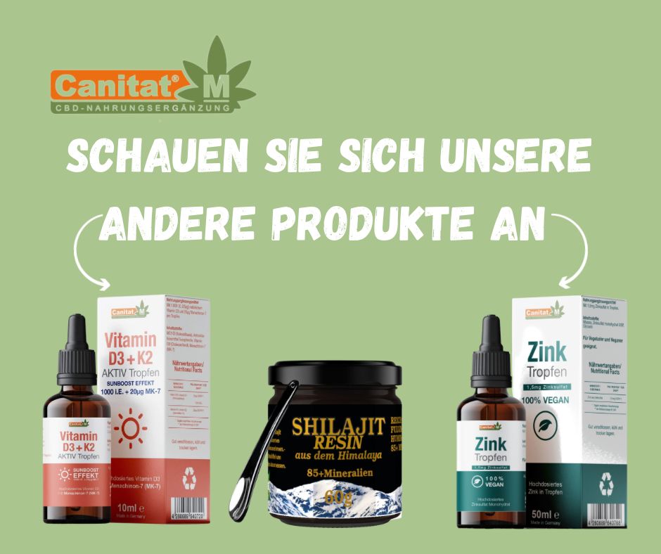 Verschiedene Produktflaschen und -verpackungen. Vitamin D3+K2, Shilajit Resin, Zink Tropfen. Text: Schauen Sie sich unsere andere Produkte an.