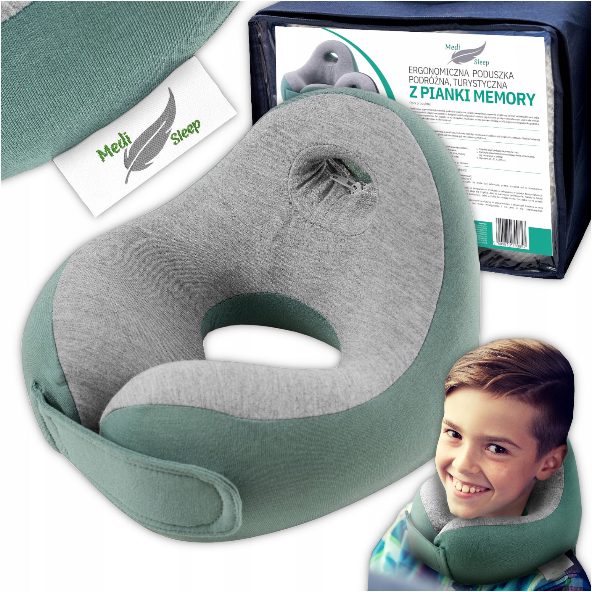 Medi Sleep Kinder-Reisekissen aus Memory-Schaum grün-grau 1 St
