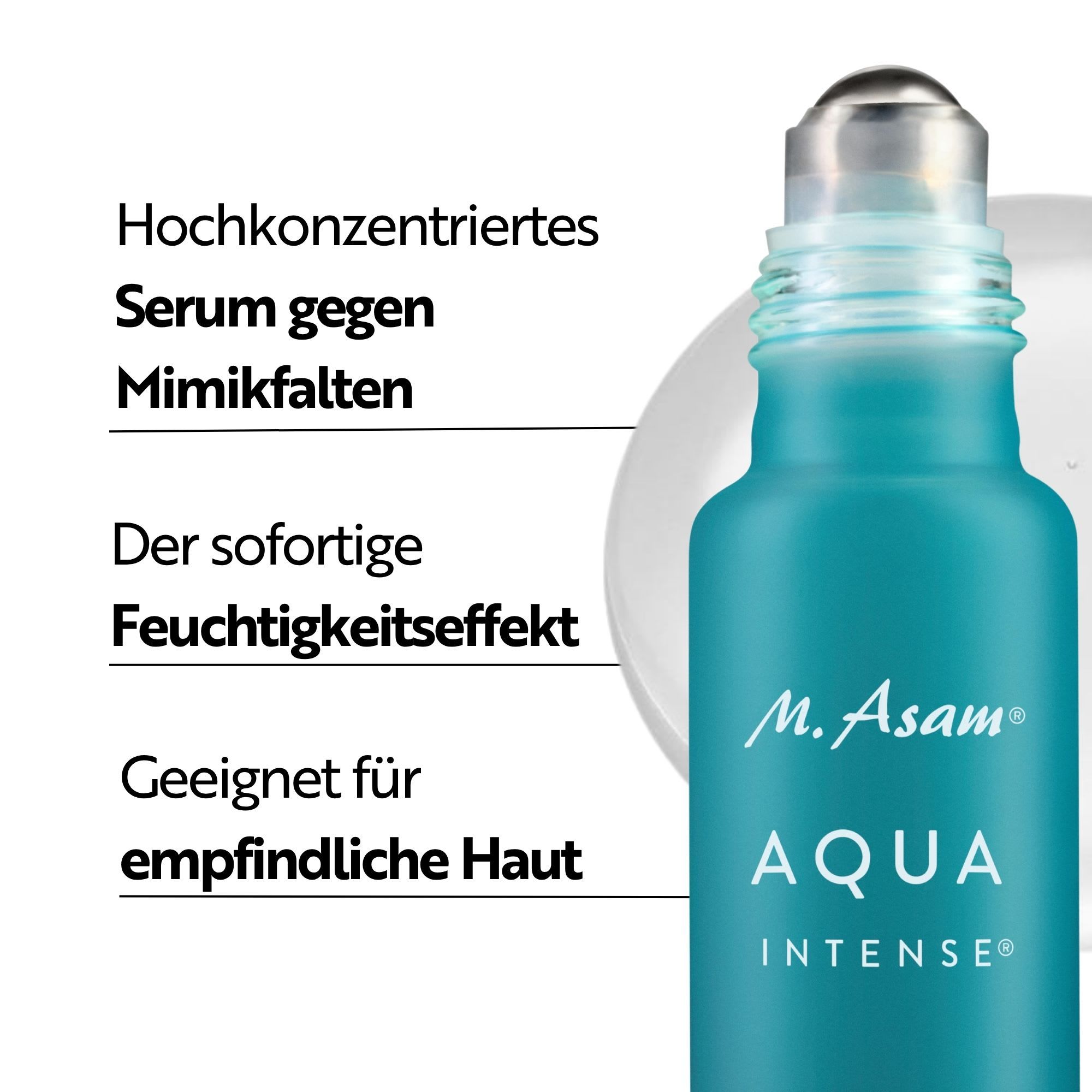 Nahaufnahme eines türkisen Roll-on-Serums von M. Asam Aqua Intense, das Mimikfalten bekämpft.