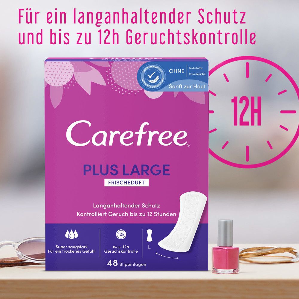 Carefree Plus Large Slipeinlagen. Rosa Verpackung mit Produkt und Text. 12h Geruchskontrolle. Nagellack und Sonnenbrille.