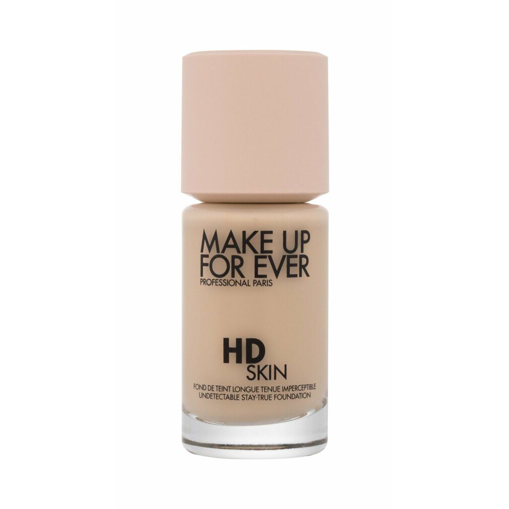Make Up For Ever HD Skin Foundation. Beige Flasche mit rosafarbenem Deckel. Schriftzug: HD SKIN, Make Up For Ever.