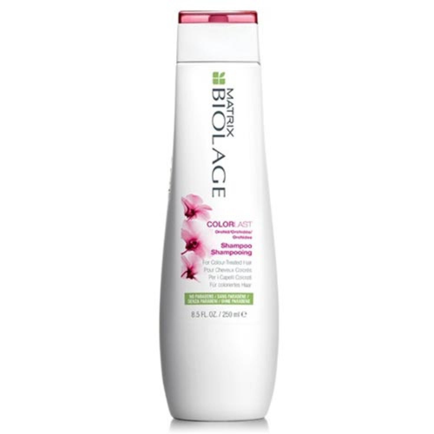 Weiße Shampoo-Flasche mit rosa Akzenten. Biolage-Logo und ColorLast-Schriftzug. 250 ml.