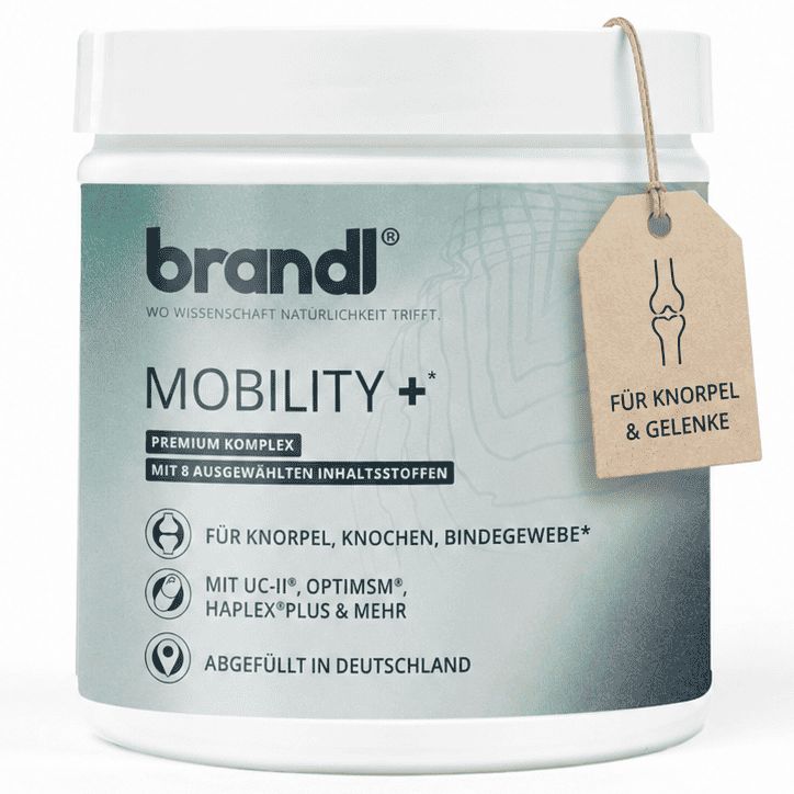Produktverpackung von brandl® Mobility+ mit Anhänger. Aufschrift: Mobility+, Premium Komplex, Für Knorpel & Gelenke, UC-II®, OptiMSM®.