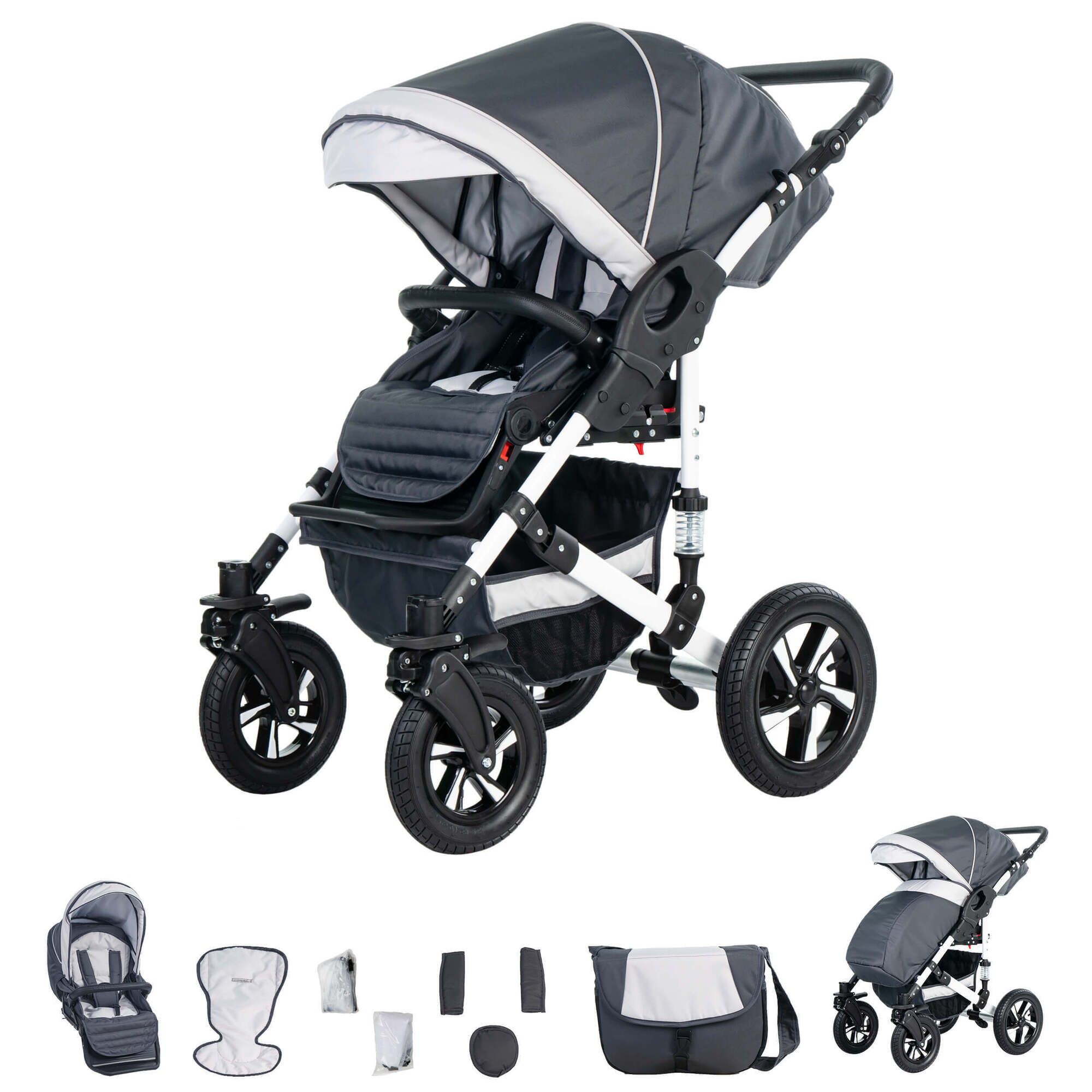 Friedrich Hugo Hamburg 4 in 1 Kinderwagen Set inkl. Maxi Cosi & FamilyFix Station, Luft Grey & White