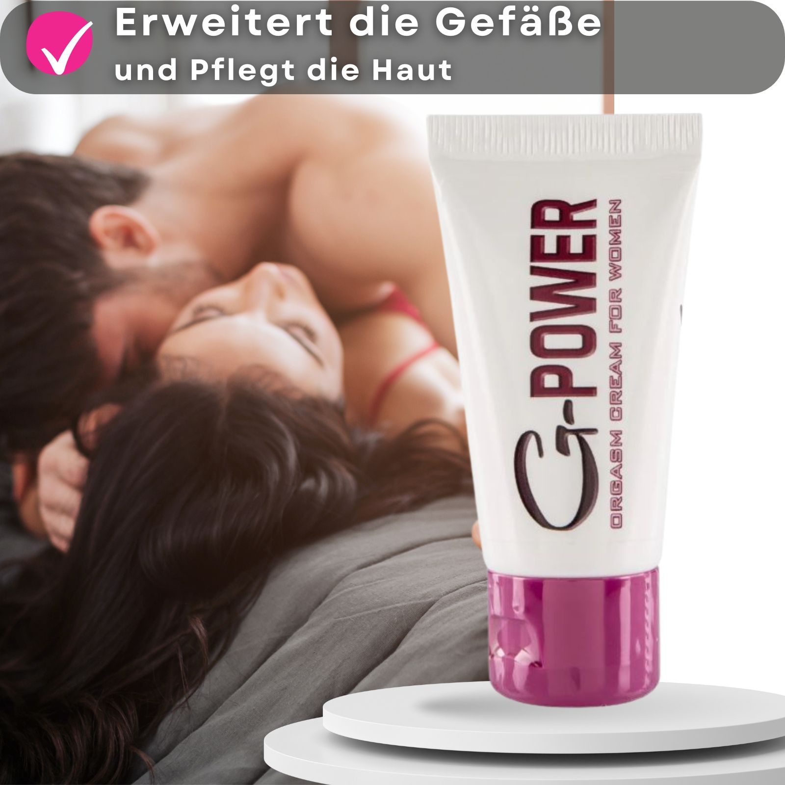Creme-Tube mit roter Kappe. Text: G-POWER, ORGASM CREAM FOR WOMEN. Box mit Text: ORGASMUSCREME FÜR DIE FRAU. Hintergrund: Paar.