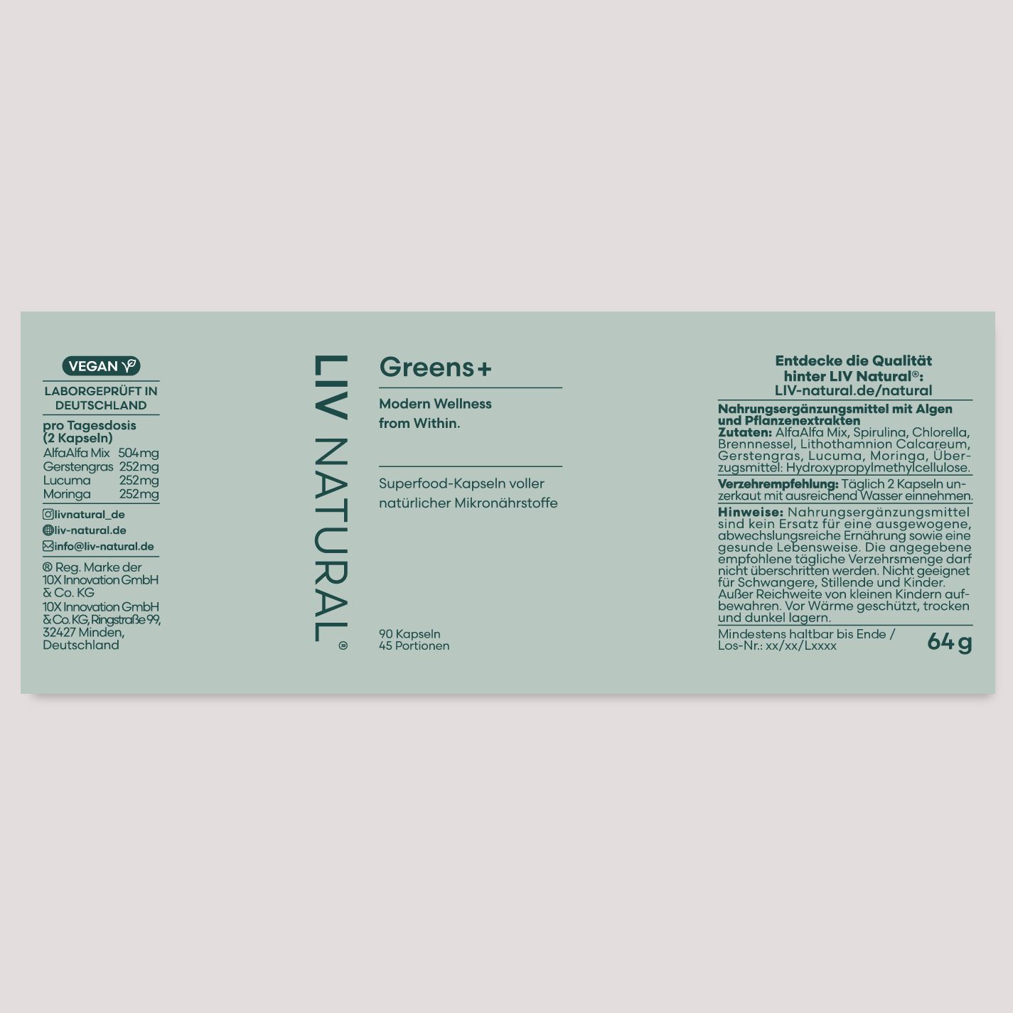 Hellgrüne Produktverpackung mit Text. Aufschrift: LIV NATURAL Greens+. Enthält Informationen zu Inhaltsstoffen und Nährwerten.