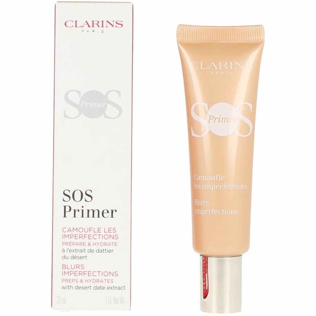 Tube CLARINS SOS Primer Peach und Verpackung. Text: SOS Primer, Camoufle les imperfections.