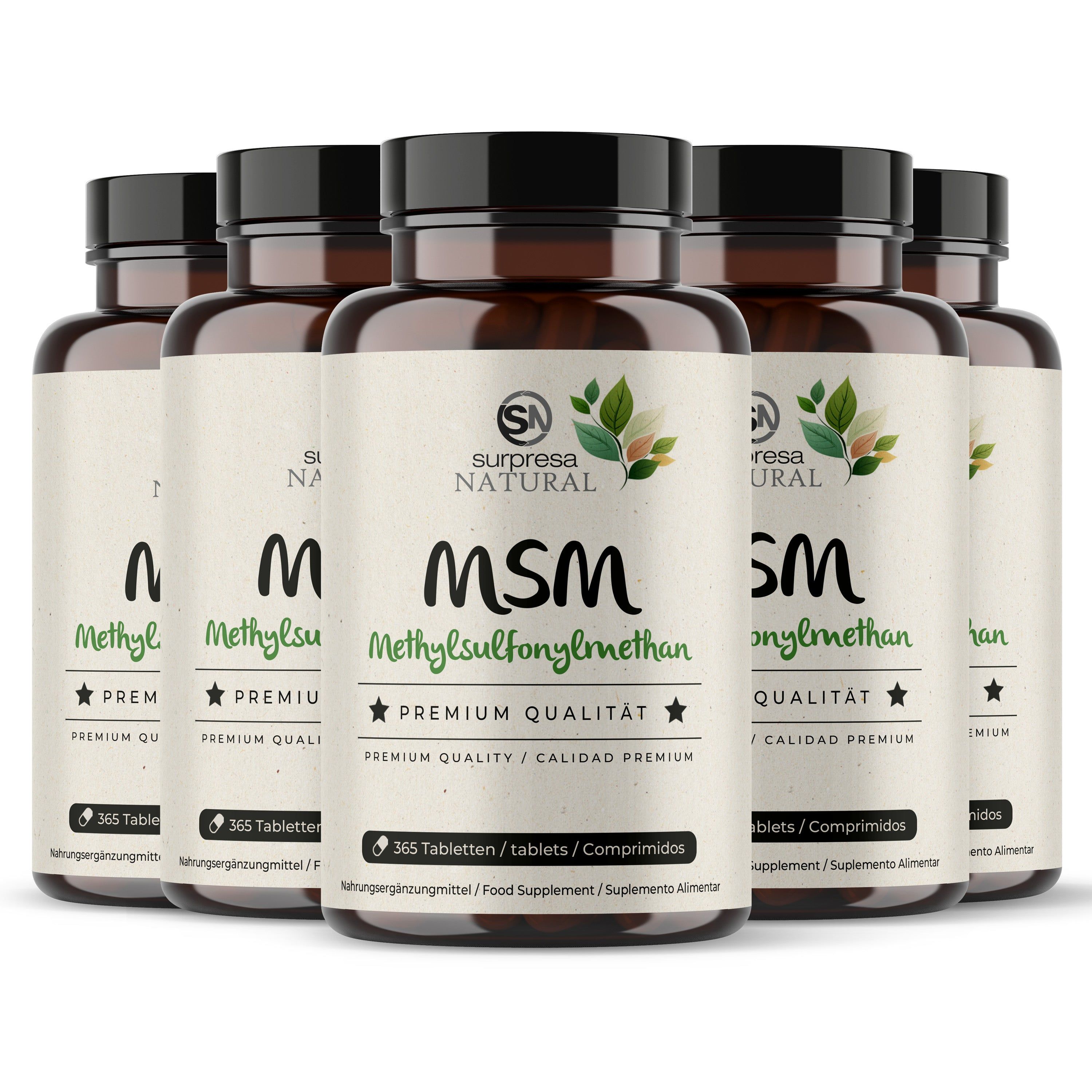 Sechs braune Flaschen Surpresa Natural MSM, 365 Tabletten pro Flasche.