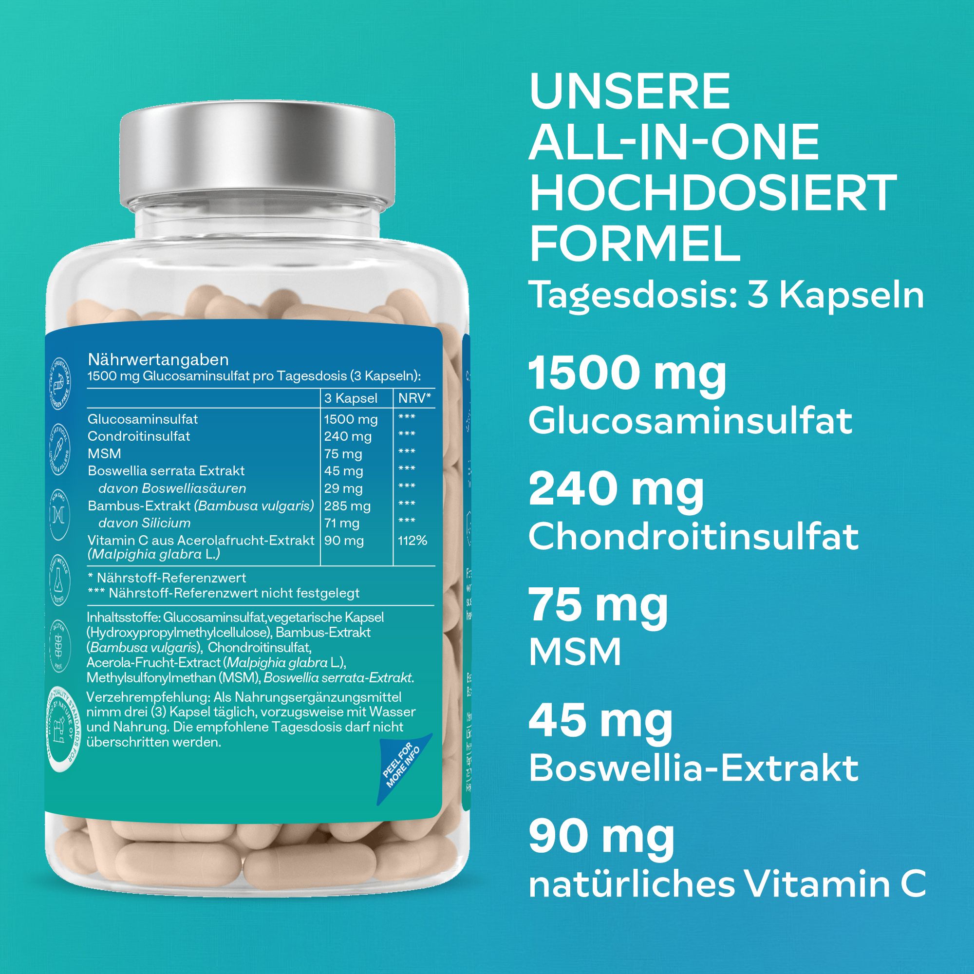 Rückseite der Flasche mit Nährwertangaben. Text in Blau und Weiß. 3 Kapseln.