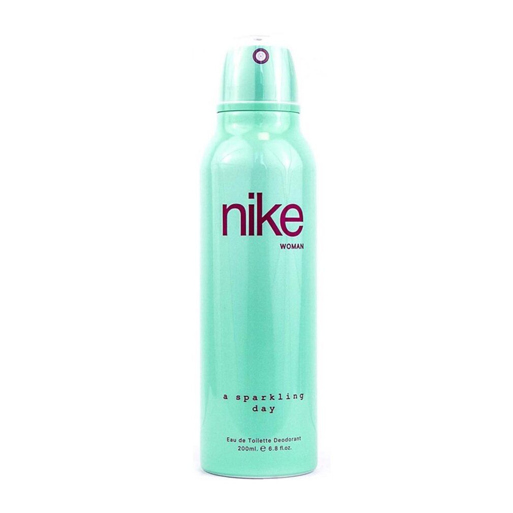 Türkisfarbenes Deodorant-Spray von Nike. Mit lila Schriftzug 'nike woman' und 'a sparkling day'.