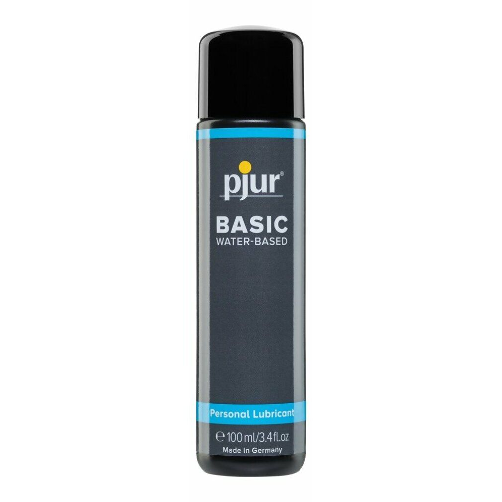 Zylindrische Flasche mit schwarzem Deckel. pjur BASIC, Wasserbasis, blaue Akzente. Text: Personal Lubricant, 100ml/3.4 fl oz.