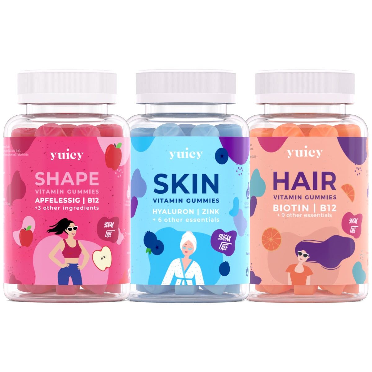 Drei Flaschen Vitamin-Gummis. Beschriftung: Shape, Skin, Hair. Marke: yuicy. Klare Plastikbehälter mit weißen Deckeln.