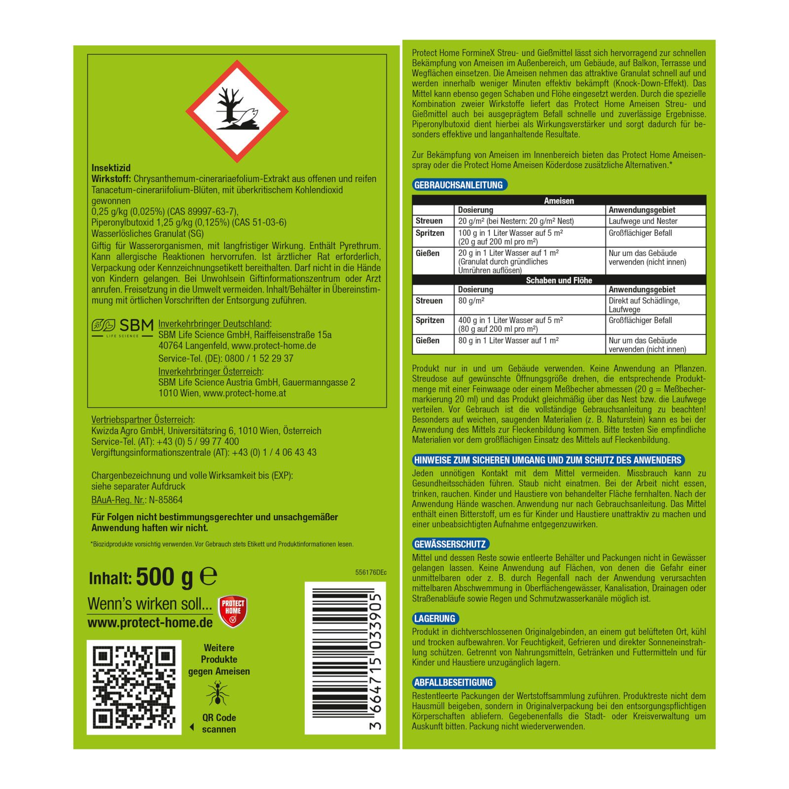 Rückseite der Dose "PROTECT HOME FormineX". Grüne Schrift, Text, Warnhinweise, QR-Code, Inhaltsangabe, Herstellerinformationen.