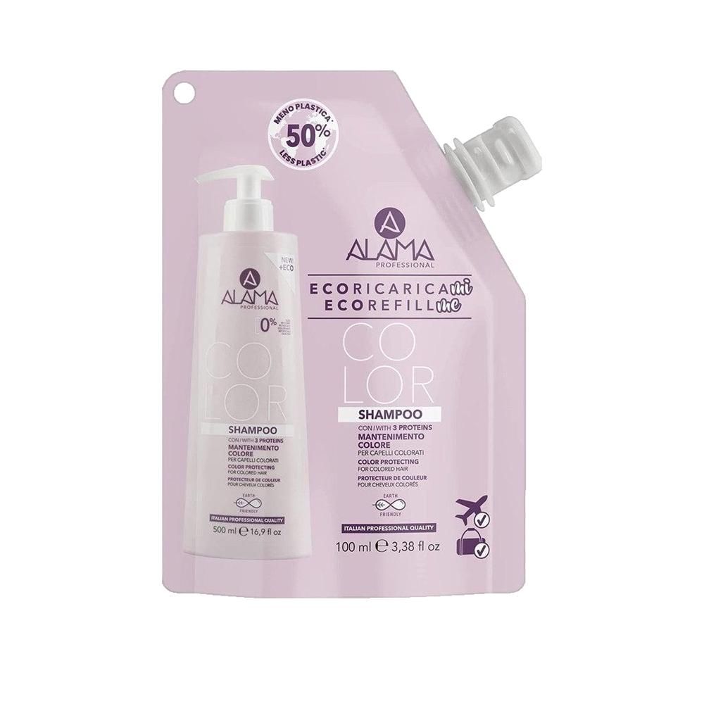 Shampoo-Nachfüllpackung mit Pumpe. Aufschrift: ALAMA, COLOR SHAMPOO, ECORICARICA, ECOREFILL. 50% weniger Plastik.