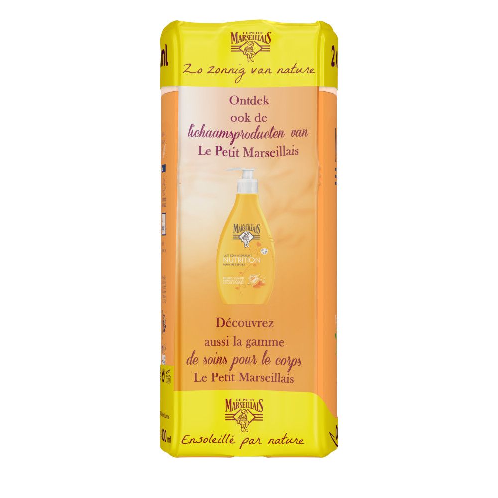 Gelbe Verpackung mit Produktabbildung und Text. '2 x 400ml'. 'Ontdek ook de lichaamsproducten van Le Petit Marseillais'.