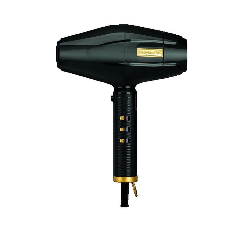 Schwarzer Haartrockner mit goldenen Akzenten. Sichtbar: Marke BaBylissPro. Griff mit drei Knöpfen. Düse und Griff in Gold gehalten.