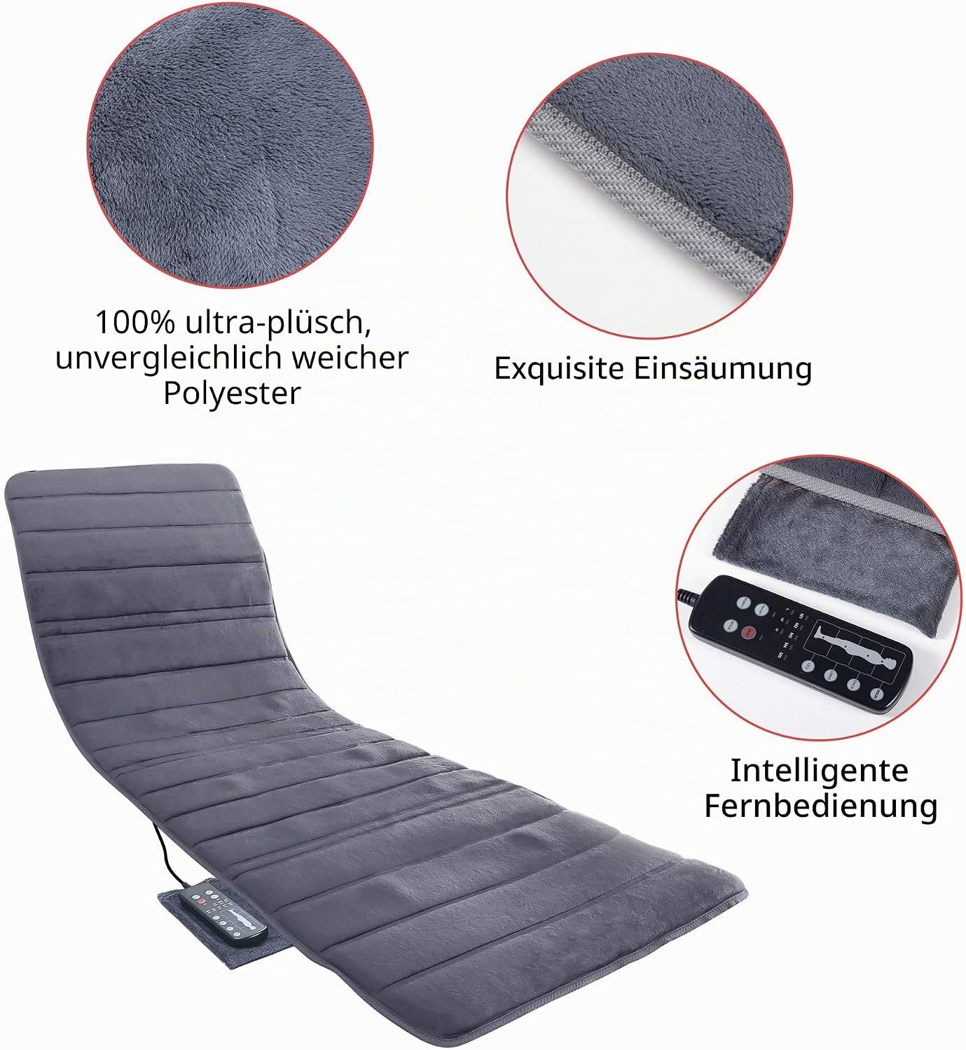 Graue Massageauflage aus 100% Polyester mit exquisites Säumen. Intelligente Fernbedienung.