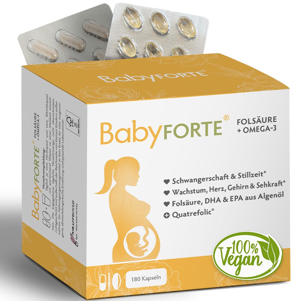 BabyFORTE Folsäure + Omega-3: Box mit 180 Kapseln, 100% Vegan-Siegel, für Schwangerschaft & Stillzeit.
