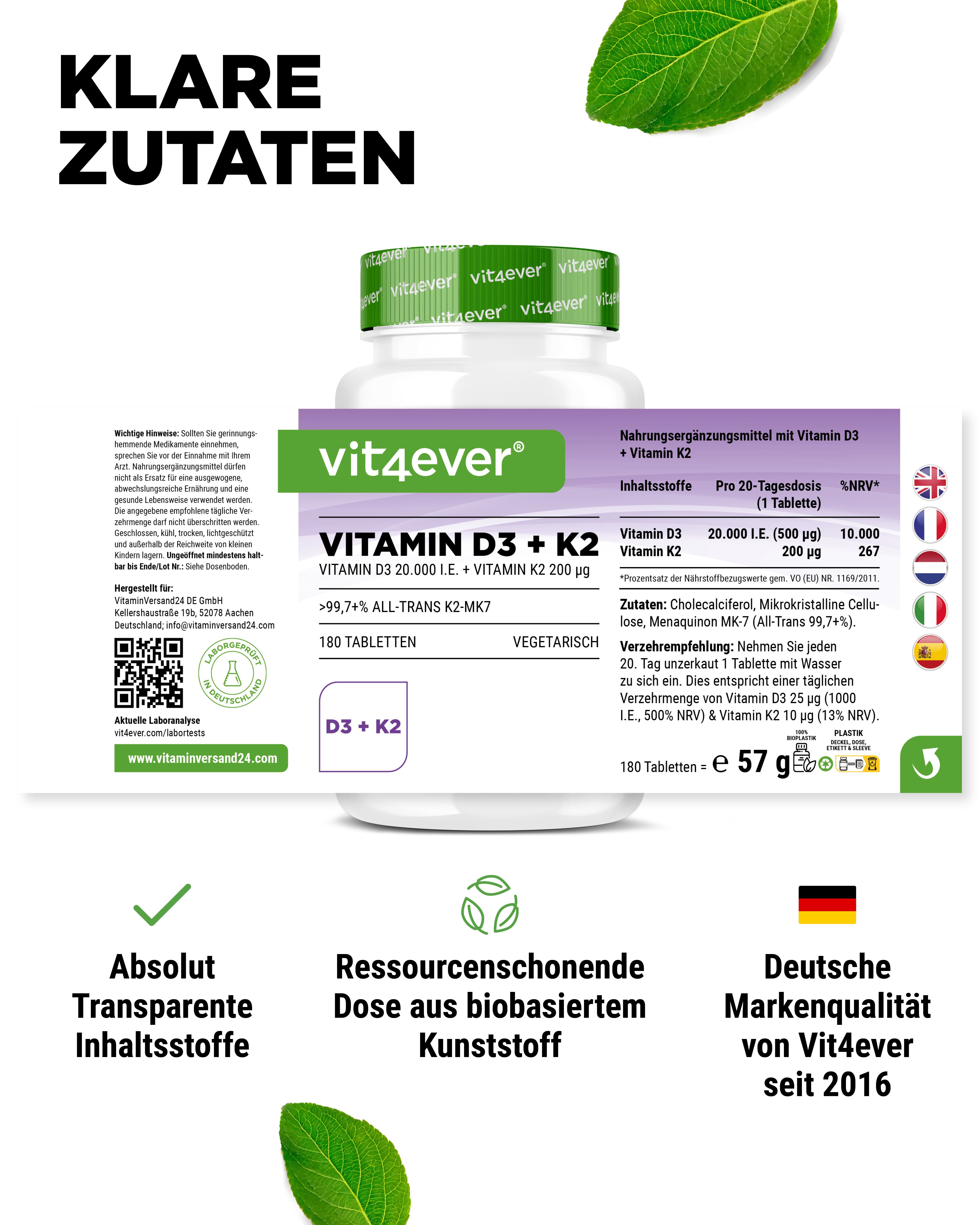 Vit4ever Vitamin D3 + K2 Tabletten. Weiße Tabletten in einer weißen Flasche mit grünem Deckel. Aufschrift: Vitamin D3 + K2.