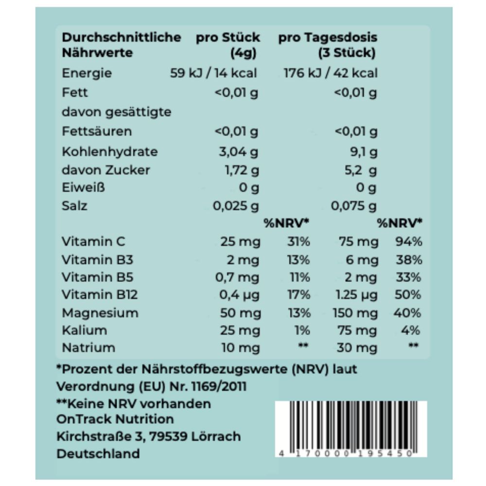 Nährwerttabelle. Aufschrift: OnTrack Nutrition. Angaben pro Stück (4g) und pro Tagesdosis (3 Stück).
