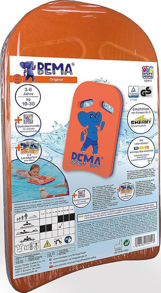 Schwimmbrett in Folie verpackt. Orangefarbenes Brett mit blauem Elefanten-Logo und Produktinformationen. GS-Zeichen.