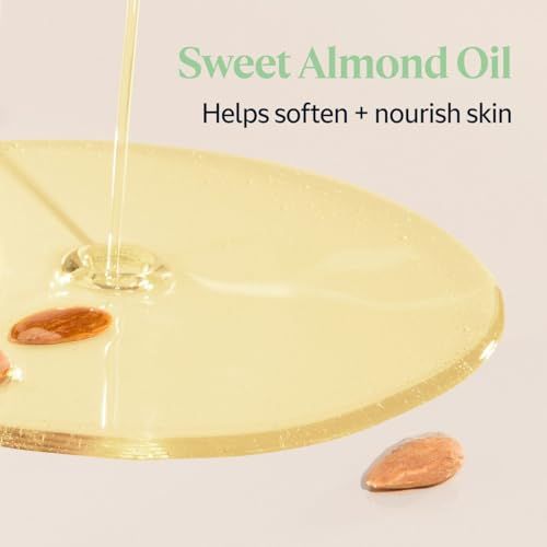 Öl fließt auf eine Oberfläche. Mandeln und Öl. Text: Sweet Almond Oil, Helps soften + nourish skin.