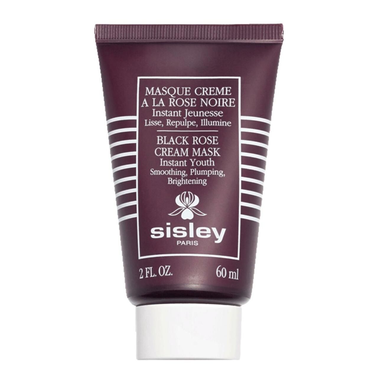 Dunkelrote Tube mit weißer Schrift. "Masque Creme a la Rose Noire" und "Sisley" sind sichtbar. 60 ml.