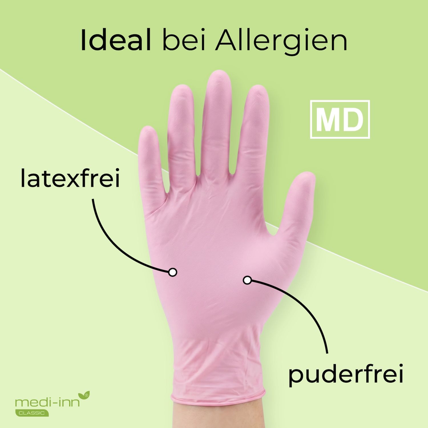 Rosa Einmalhandschuh aus Nitril, latexfrei und puderfrei, mit MD-Siegel.
