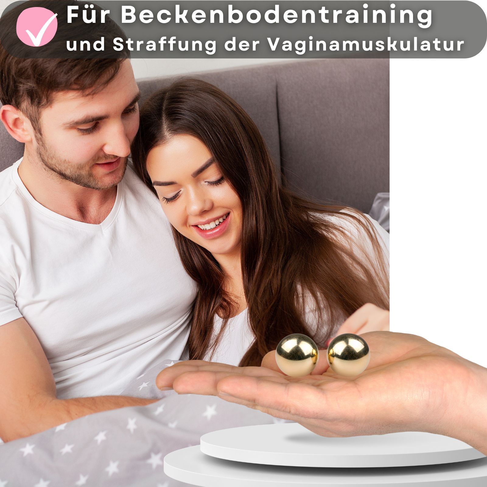 Zwei goldfarbene Kugeln in einer Hand. Text: Für Beckenbodentraining und Straffung der Vaginamuskulatur.