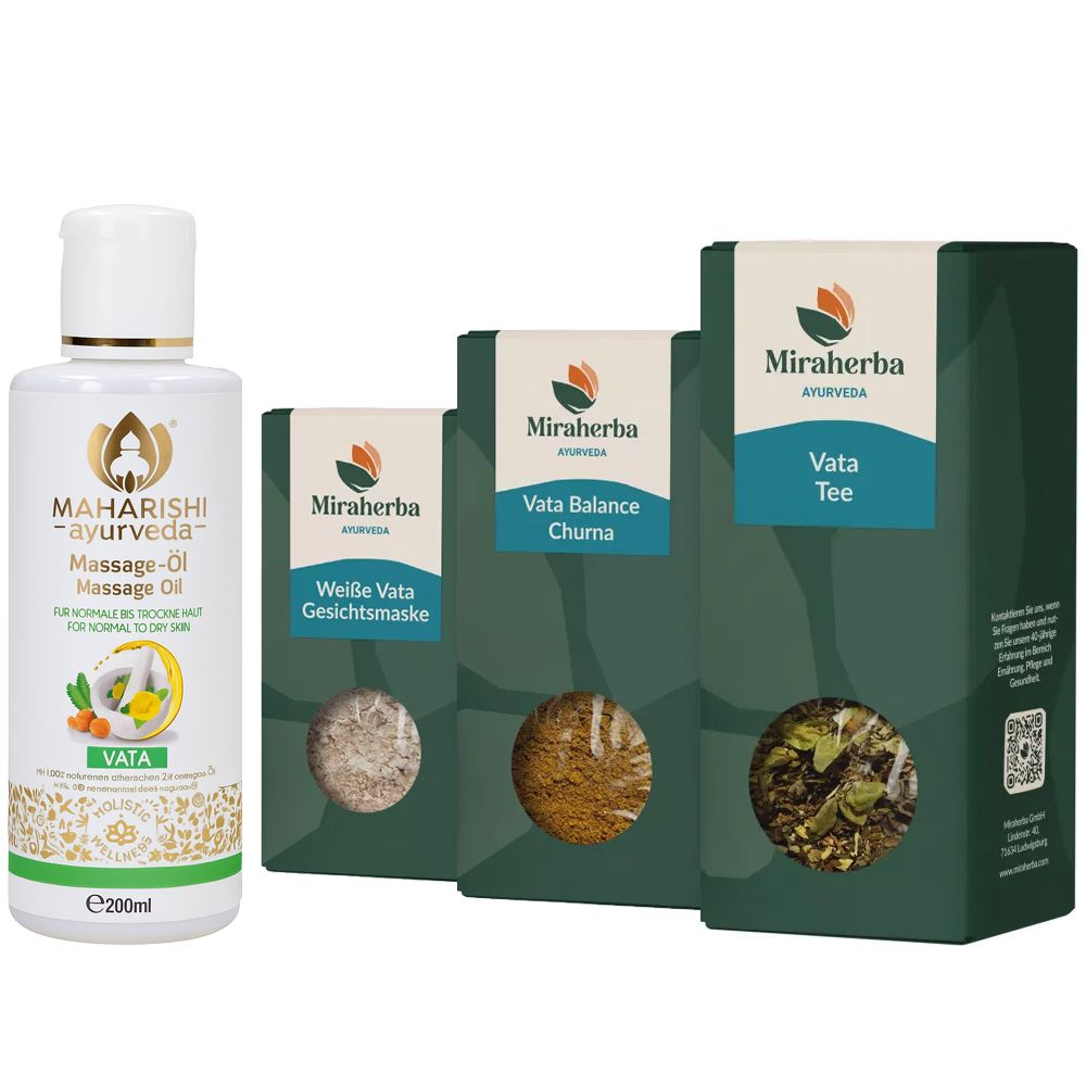 Miraherba Vata Balance Set. Massageöl-Flasche, drei Packungen mit Pulver und Tee. Aufschrift: Vata.