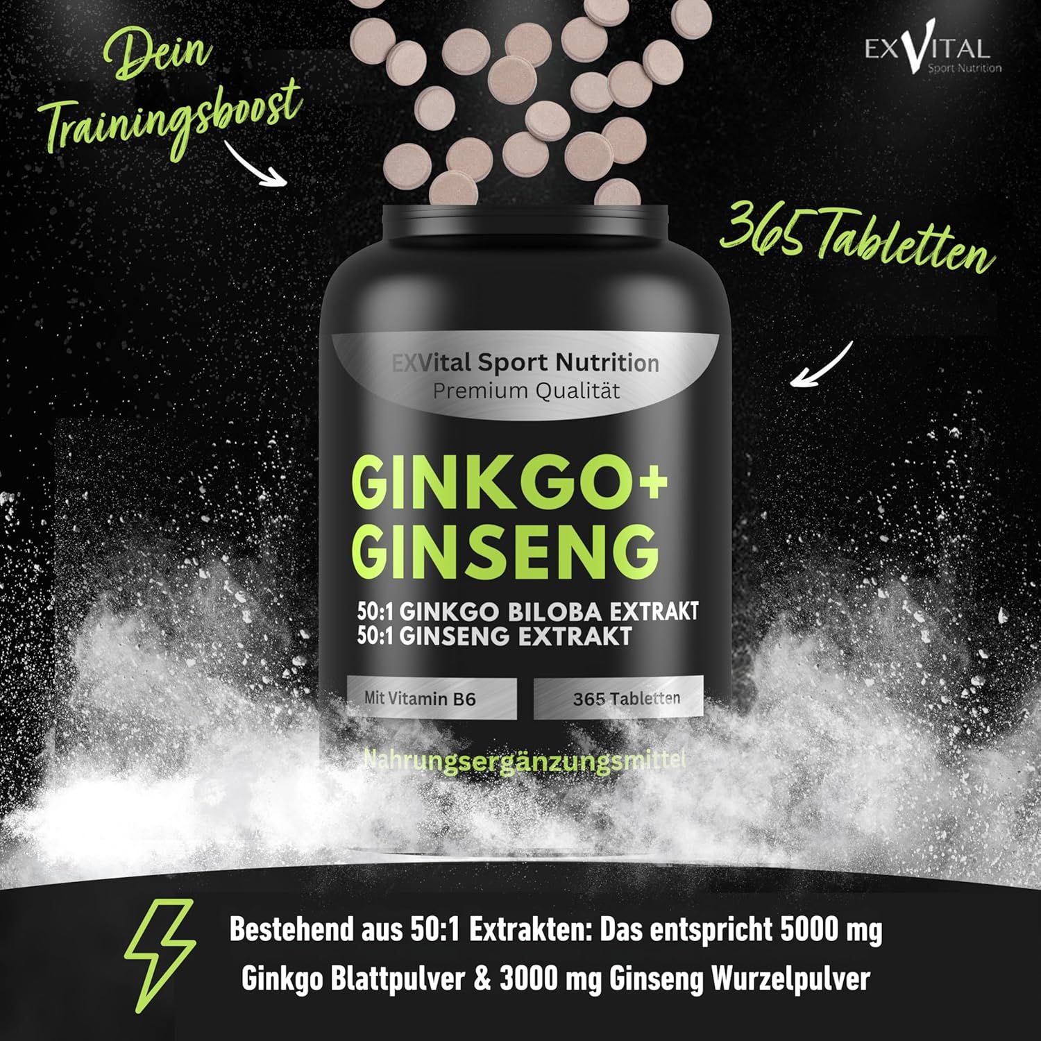 Werbefoto mit EXVital Ginkgo+Ginseng Flasche und Tabletten. Text: 365 Tabletten, 50:1 Extrakte, Nahrungsergänzungsmittel.