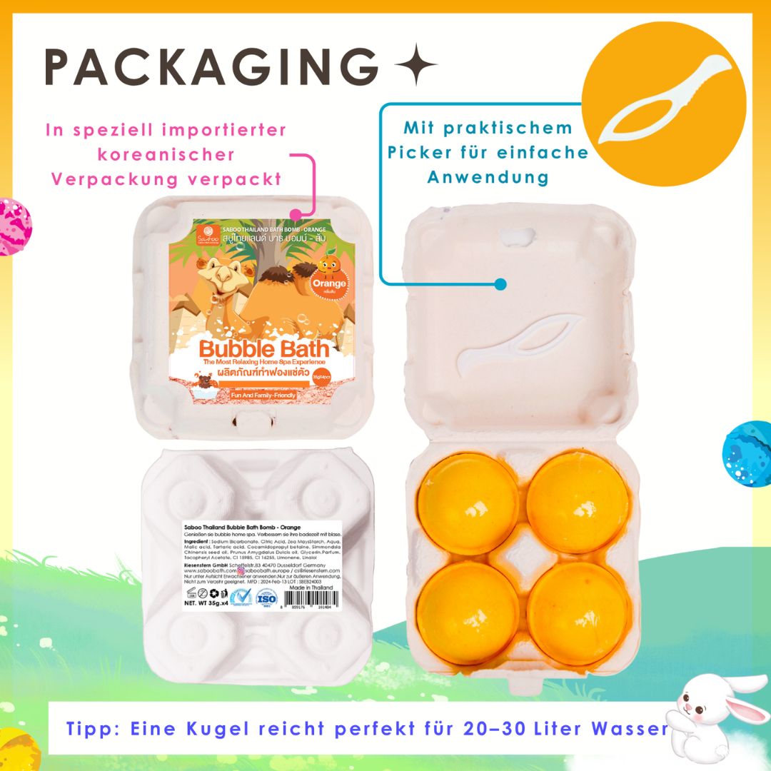 Verpackung von Badebomben. Gezeigt werden die Verpackung und die darin enthaltenen Badebomben.